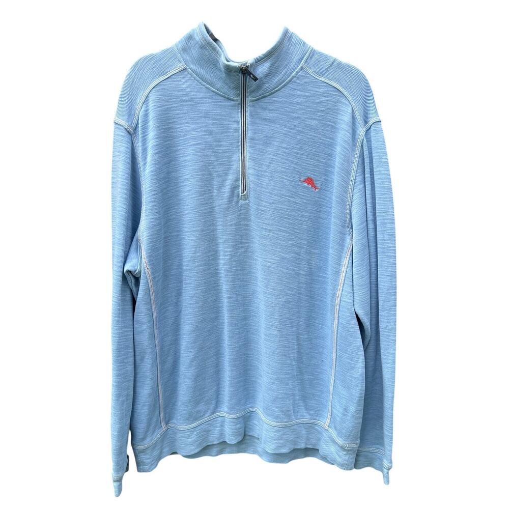 Tommy Bahama Tobago Bay Half-Zip sweatshirt Light blue slubbed pima cotton mens